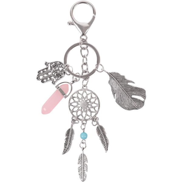 Boho Dream Catcher Nyckelring med Kristallprydnad Fjäderblad Tassel Nyckelring Hängande Dekorationer Hänge Smycke Ryggsäck Plånbok Hängande Nyckelring
