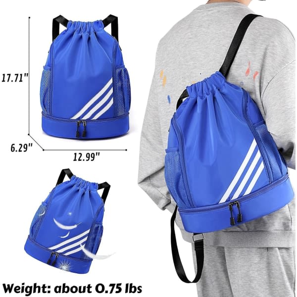 Sportsnöre Ryggsäck Stor Gym Väska med Skofack Vattentät Nylon för Gym Shopping Y03  blue