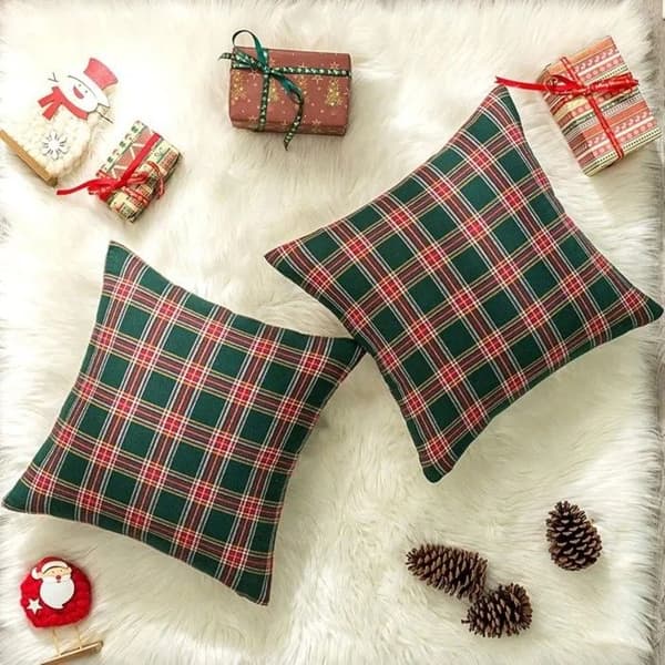 Tartan Julepudebetræk 40x40 cm, Sæt med 2, Blød Polyester, Grøn og Rød Boligindretning, Uden Fyld