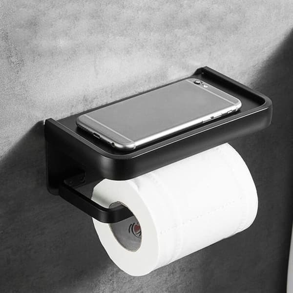 Vægmonteret toiletpapirholder - Sort aluminium - Opbevaringshylde - Rustfri - Moderne design