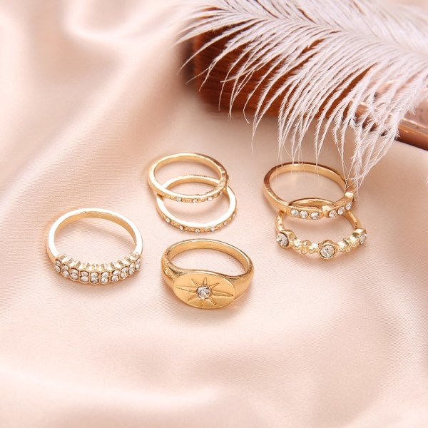 6-pack Boho guldringar - glittrande strass och olika mönster i guld