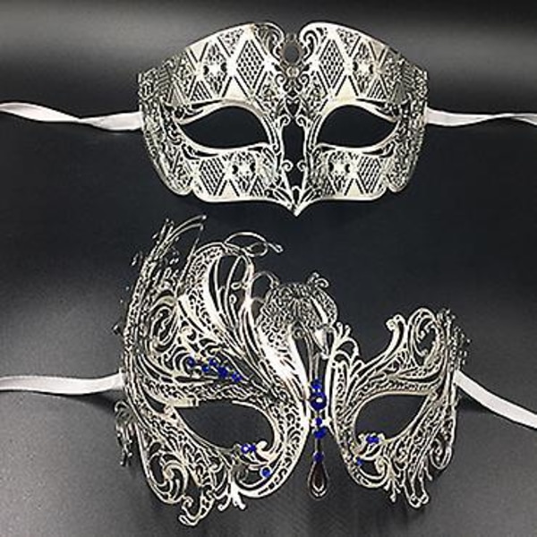 Svart Sølv Gull Metall Filigran Laser Kutt Par Venetiansk Festmaske Bryllup Ball Maske Halloween Maskerade Kostyme Maskersett Silver Blue Diamond