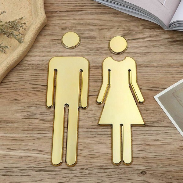 Toalett WC-skylt för badrum, 3D-toalett, kvinna och man, WC-dekal, dörr, guld, one size