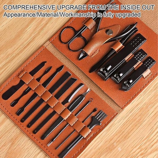 Resväska Manikyr Nagelsax Pedikyr Kit 16 i 1 Manikyrset Nagelsaxar Skötselset med Läder Resväska