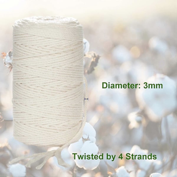 Makramérep, 3 mm X 220 Yd (ungefär 200 m) 100 % Naturlig Bomull Mjuk Ofärgad Rep Beige