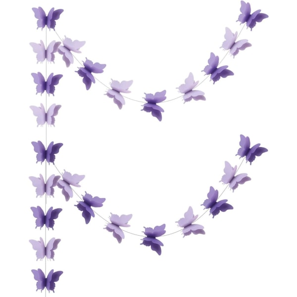 Butterfly Banner Koristeellinen paperiseppele häihin, baby shower, syntymäpäivä- ja teemasisustukseen 110 tuumaa pitkä set , 2 kpl vaaleaviolettia