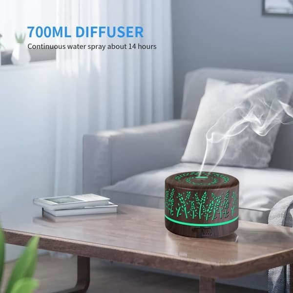 500 ml æterisk oliediffuser, luftfugter, automatisk slukning, flere lys, mørk trætekstur, botanisk mønster