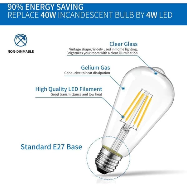 [6 stk] E27 4W skrubar LED-glødepære, varmhvitt lys (3000K)