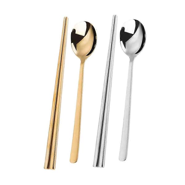 2 sæt spisepinde og skeer rustfrit stål metal koreanske spisepinde ske Black