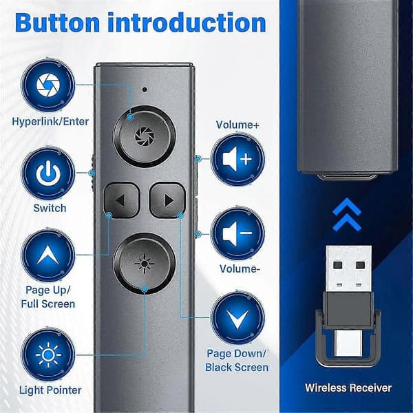 2-i-1 USB Typ C Presentation Clicker, Uppladdningsbar Trådlös Presentatör Fjärrkontroll, Klicker för PowerPo