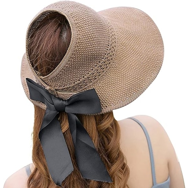Dam solskydd bred brätte solhatt UV-skydd strandhatt rullbar hopfällbar tom topphatt hästsvans baseballkeps med rosett (Khaki)
