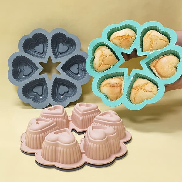 6-hulls kakeform, enkel å rengjøre, høy temperaturbestandighet, hjerteformet non-stick dessertbaking Grey