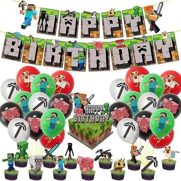 Minecraft Tema Tillykke med fødselsdagen Sæt Dekor Tilbehør Banner Pull Flag Cake Toppers Kit null ingen