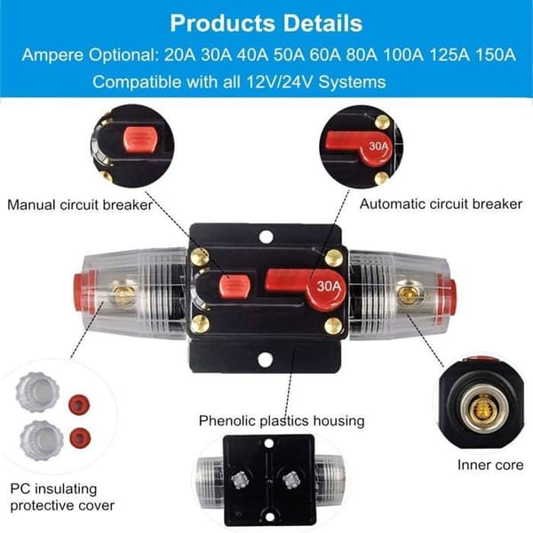 2 STK Afbryder Nulstil Sikring, 12V-24V DC 30A med Manuel Nulstilling til Beskyttelse af Lydsystem