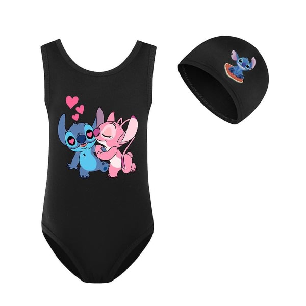 Lilo & Stitch badedrakt for barn jenter tegneserie badedrakt med hette for sommer strandferie basseng surfing svart 9-10 år Black 9-10Years