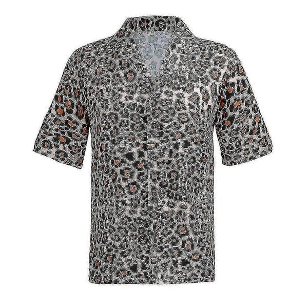 Herr Baggy Strand Leopardtryck Kortärmad Knapp Retro T-shirts Toppar Blus M
