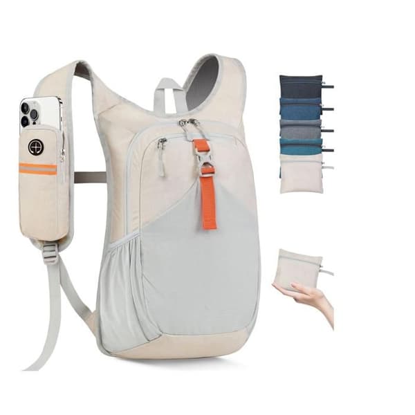 Lille 15L vandrerygsæk, let og foldbar, ideel til camping og rejser, unisex (beige).