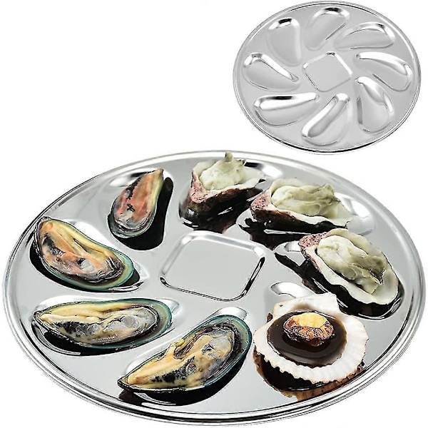 Østersfad, 2 stk. rustfrit stål østersfade østersfad skålformet holdbar østersbeholder med 8 rum til østerssauce og citroner[PB]