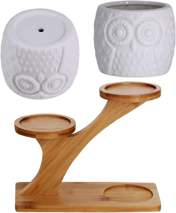 Set med 3 Uggleplanteringskärl, Modern Dekorativ 3-vånings Vit Bambu Keramisk Planteringskärl (Växter Ingår Ej)