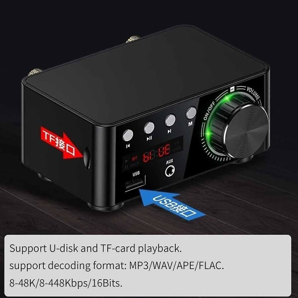 100W HiFi Förstärkare Klass A Bluetooth 5.0 Liten Digital Effektförstärkare Stöder U Disk SD-kort RCA Ljudingång