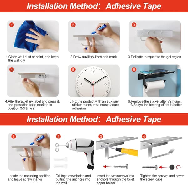 Toiletpapirholder i aluminium til vægmontering (boret/uden boring) med brede hylder, til vægmontering (sort)