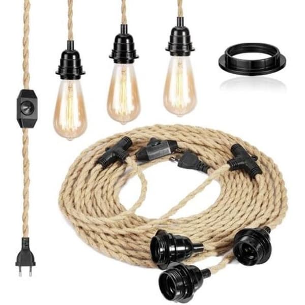 6,8 m 2-leder linned elkabel, E27 fatning med ikke-dæmpbar afbryder, holdbart hamptov, nem installation