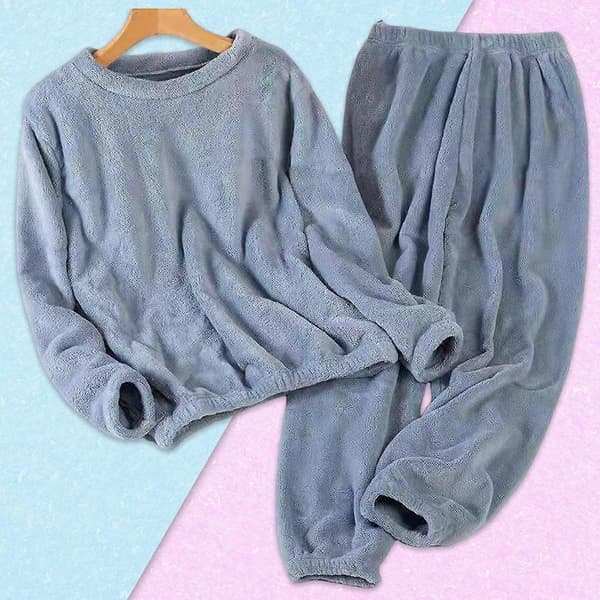 Tykt Varmt Dame Pyjamassæt Ensfarvet Pullover Rund Hals Pyjamas Til Pige Kvinde Kæreste Mor Sky Blue 2XL