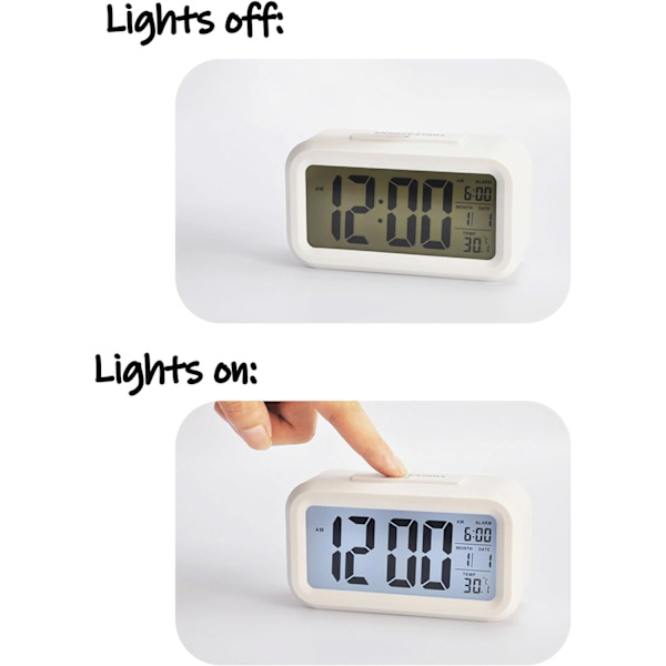 12/24 timmars digital väckarklocka sängbordsklocka med bakgrundsbelyst LCD-skärm datum kalender och temperaturvisning (vit