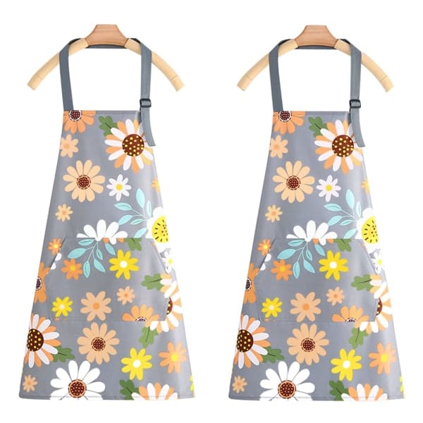Vattentäta köksförkläden, 2-pack blommiga förkläden med fickor
