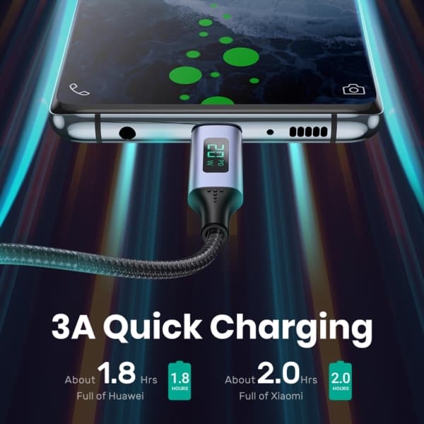 PD 20W USB til USB C-kabel, 3.0A hurtigopladningskabel USB C med LED-display, nylon Type C-kabel til bærbare telefoner