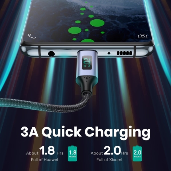 PD 20W USB-USB C -kaapeli, 3.0A pikalataus USB C -kaapeli LED-näytöllä, nailonista valmistettu Type C -kaapeli kannettaville puhelimille