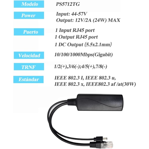 Gigabitin PoE-jakaja 12V 2A lähtö, IEEE 802.3af/at -standardin mukainen, 10,100,1000Mbps 5.5x2.1mm DC-liitinjohto POE-jakosovitin