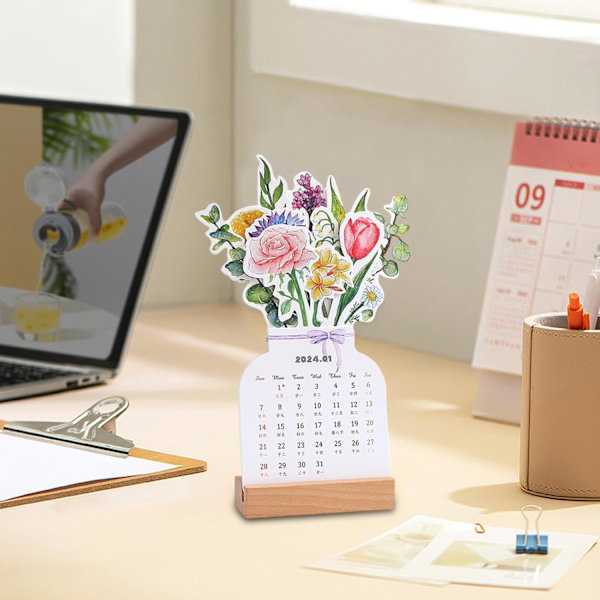 2024 Bloomy Flowers Skrivebords Kalender, Vase Formet Nyårs Månedlig Kalender Planlægger, Kreativ Blomster Skrivebords Kalender til Skrivebords Dekoration, Hjem Dekoration