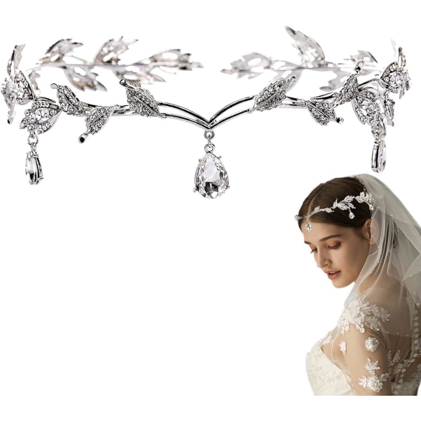 Elegant Rhinestone Leaf Bryllup Sølv Tiaraer og Kroner Krystall Pendent Tiara pannebånd for bruden Brudepike Bursdagskrone