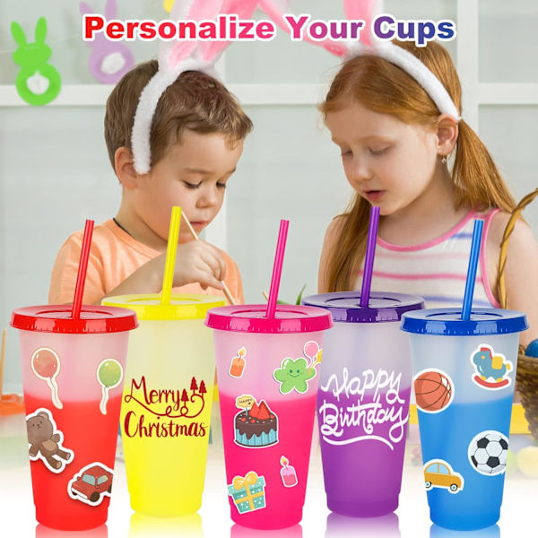 Kalde Kopper med Lokk og Sugerør - 5 Pakke Fargeskiftende Kopper 24oz Bulk Magic Tumbler Reisekrus - Gjenbrukbare Plastkopper Smoothie Milkshake Kopp