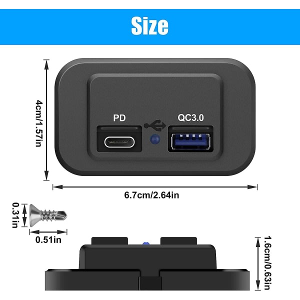 12V USB-uttak, dobbel hurtiglading 3.0 12V-uttak USB-lader og Pd Type-c (USB C), 12V 24V USB-lader Strømuttak Adapter Billader
