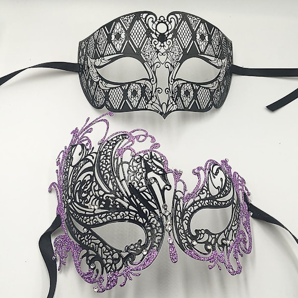 Svart Silver Guld Metall Filigran Laser Skuren Par Venetian Mask Bröllop Boll Mask Halloween Maskerad Kostym Masker Set Silver Clear Diamond
