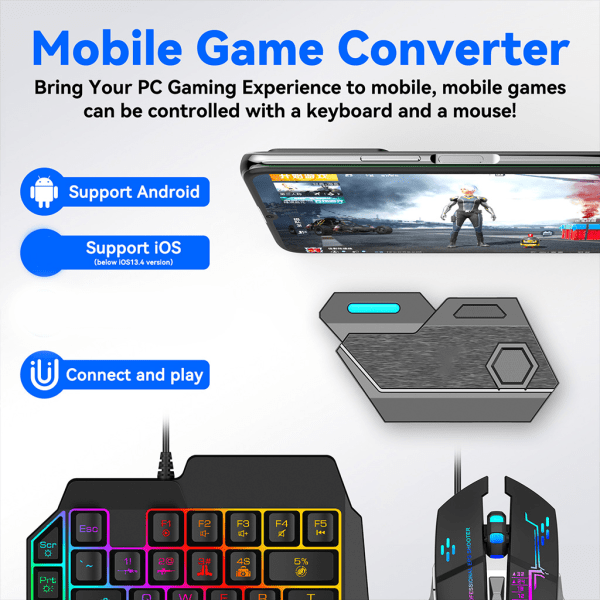 Bluetooth kompatibel tangentbords- och muskonverteringsadapter för mobilspel PUBG mobil, Game for Peace, etc