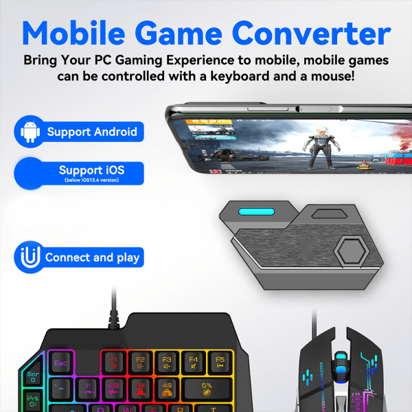 Bluetooth-kompatibel tastatur- og musekonverteringsadapter til mobilspil PUBG mobile, Game for Peace osv.