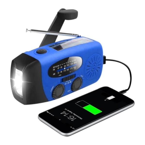 Håndsvingradio med solceller / Lommelygte - 2000mAh Powerbank - Blå Blå