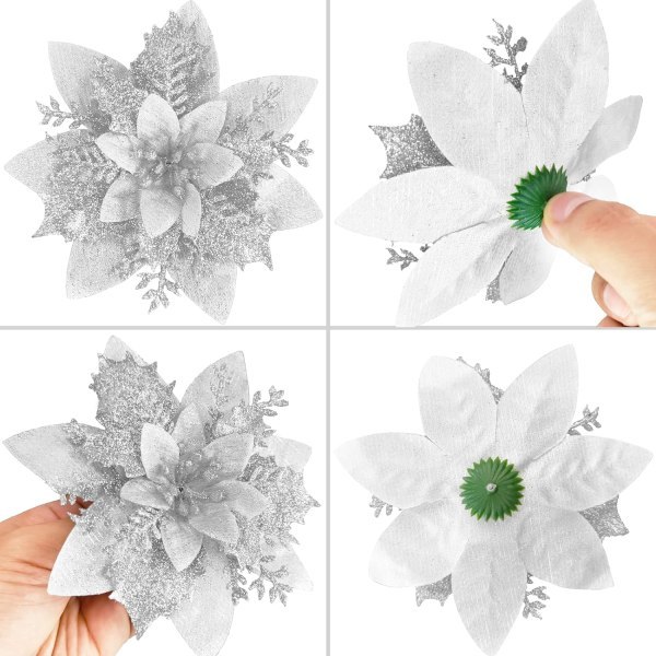 (Silver) 10 st julgransblommor, glitterkonstgjorda