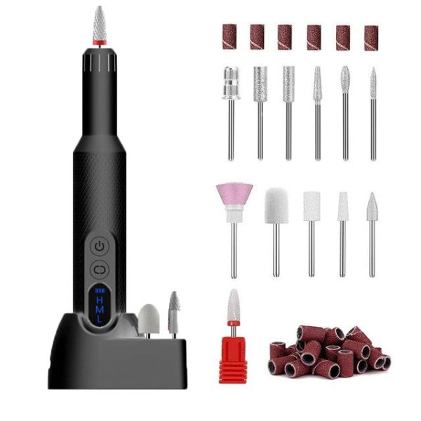Elektrisk nagelfil, sladdlös nagelfilmaskin med 12 nagelfilar, bärbar nagelfilkit med trådlös laddningsbas Black