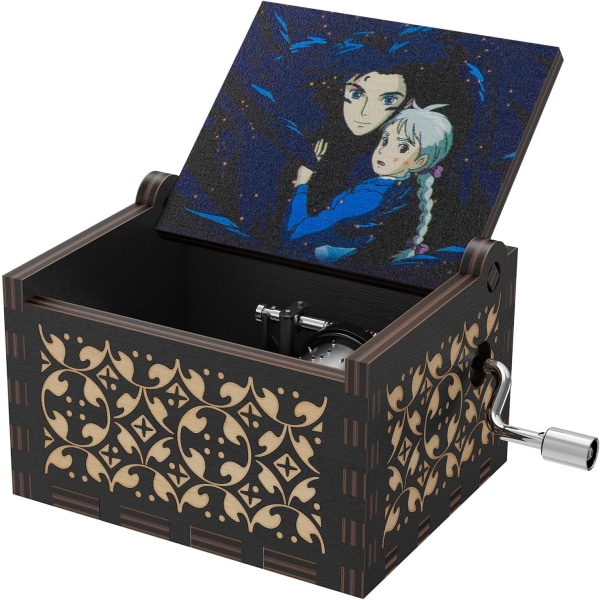 Castle Wood Music Box, Anime Theme Music Merry Go Round of Life Wooden Hand Cranked Musical Boxes Nyttårsbursdagsgave (Svart1)