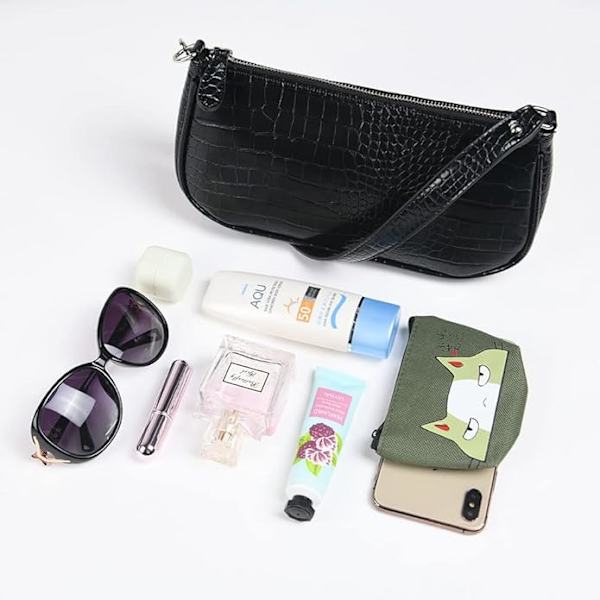 Läder axelväska för kvinnor, Mini handväska med krokodil liten crossbody väska Klassisk för kvinnor 90-talets miniväskor med kedja Black