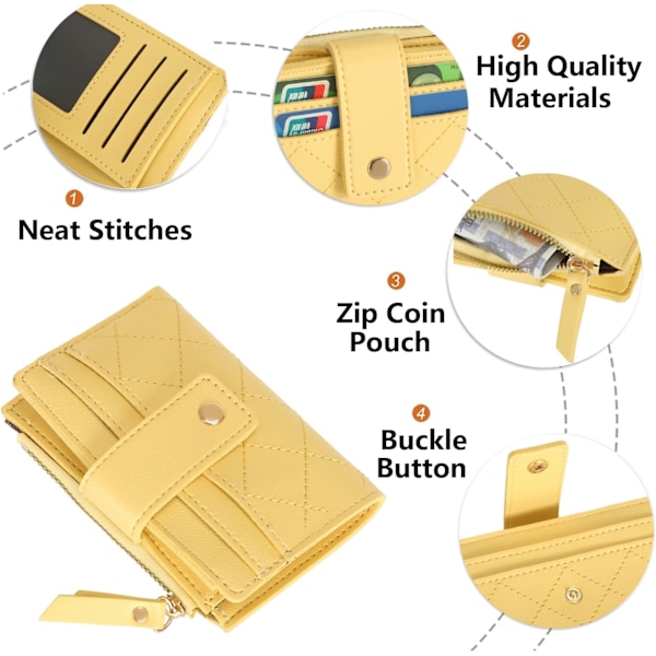 Punge til kvinder, lille bifold damepung, knap, damepung, rummelige rum, fødselsdagsgaver til kvinder og piger, gul