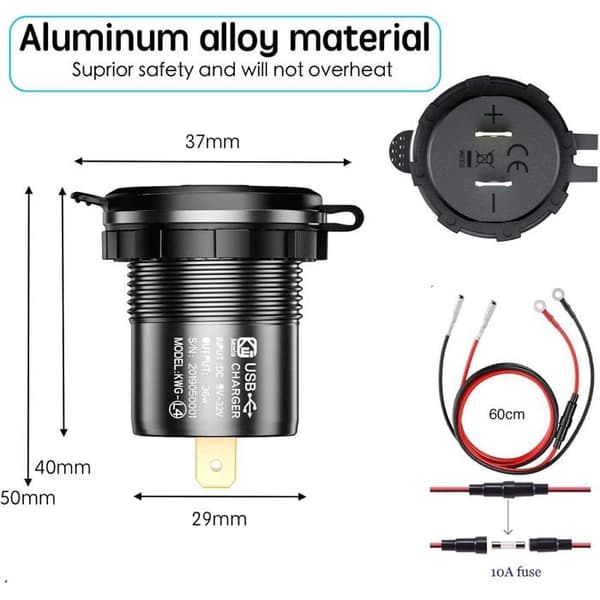Billader USB Hurtiglading QC 3.0 Dobbel Port Vanntett Adapter 36W Rask Lading med Digital Voltmeter