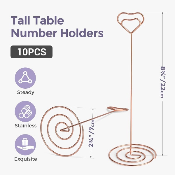Bordnummerholdere 10 stk - 8,75 tommer hjerteformet plasskortholder høye bordnummerstativer for bryllupsfest, konfirmasjonsmottakelse (rose gull)
