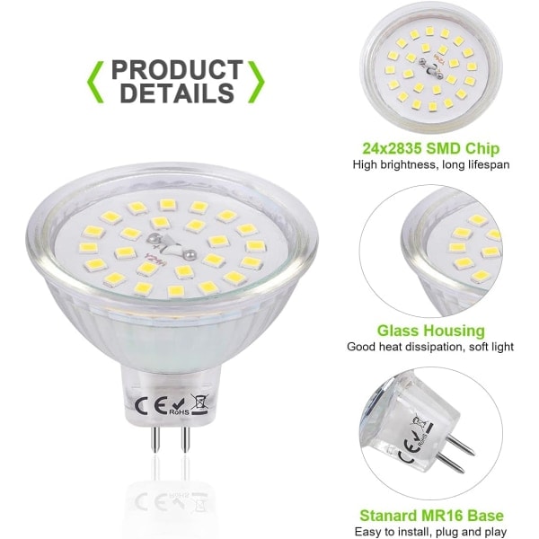 GU5.3 MR16 LED-lampor 12 V, 3,8 W motsvarande 40 W halogen, LED-spot GU5.3 kallvit 6000K icke-dimmbar 430 lumen MR16 LED-lampa, 6 st