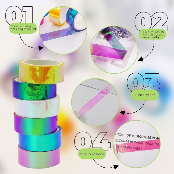 6 ruller holografisk tape 5M/196,8 tommer, assorteret farvet tape sæt, dekorativ tape, prismatisk glitter tape bøjler til DIY kunsthåndværk dekoration (6 STK)