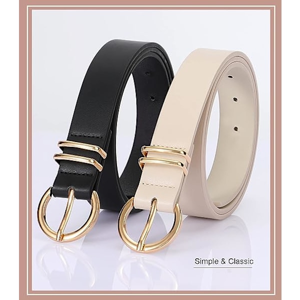 Dame Læder Bælter til Jeans Kjoler Mode Guld Spænde Dame Talje Bælte, 2 Pakke(sort+beige)